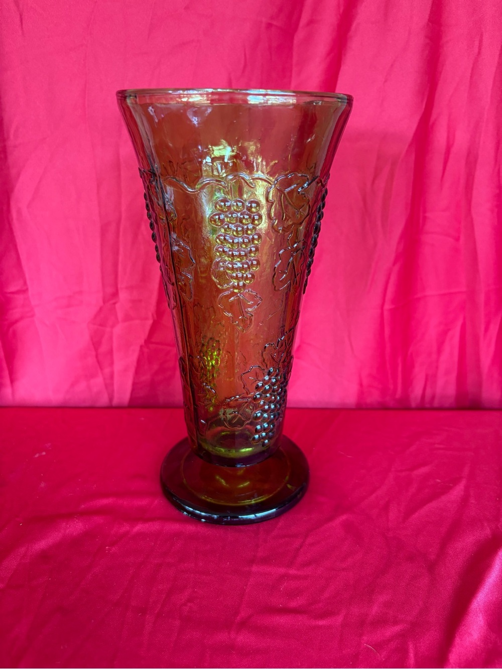 Green Indian Glass Pedestal Vase with Grape Motif